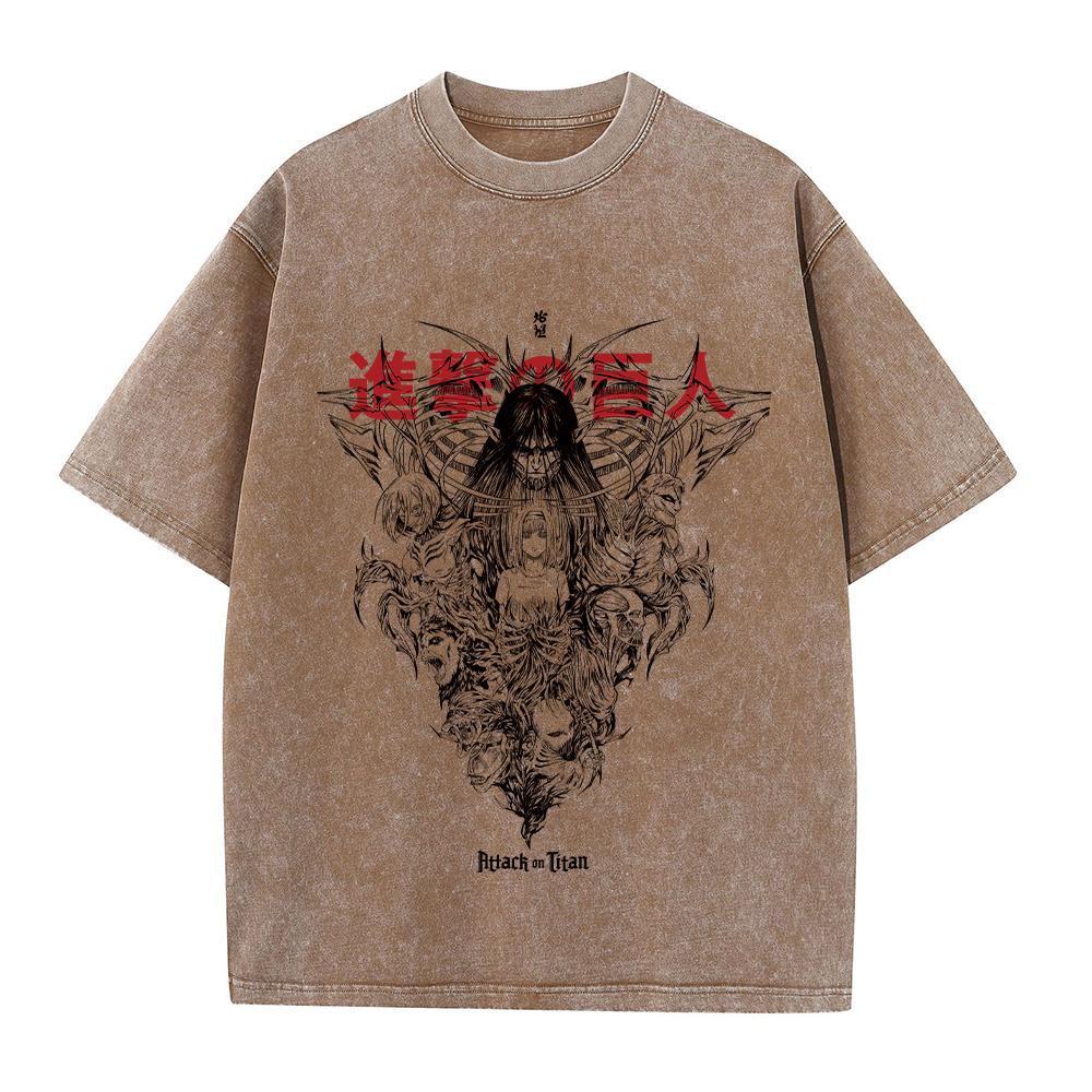 Fashion Streetwear Black Washed Vintage Tshirt Anime Attack On Titan Graphic Print Oversized T-Shirt Summer Casual Cotton Tshirt