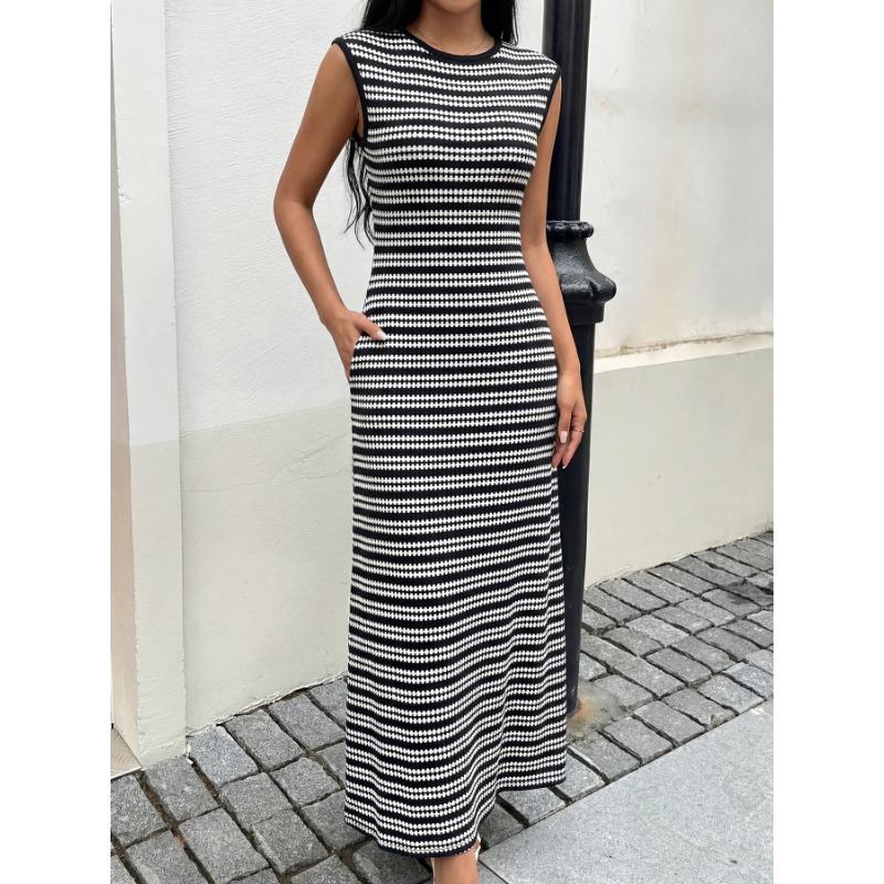 Striped Knit Sleeveless Bodycon Maxi Dress For Women