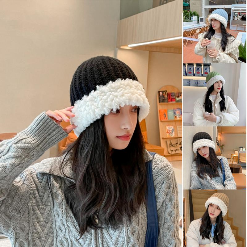 Women Warm Fluffy Plush Bucket Hat Ladies Winter Solid Fashionable Knitted Cap  Fisherman Cap Ladies