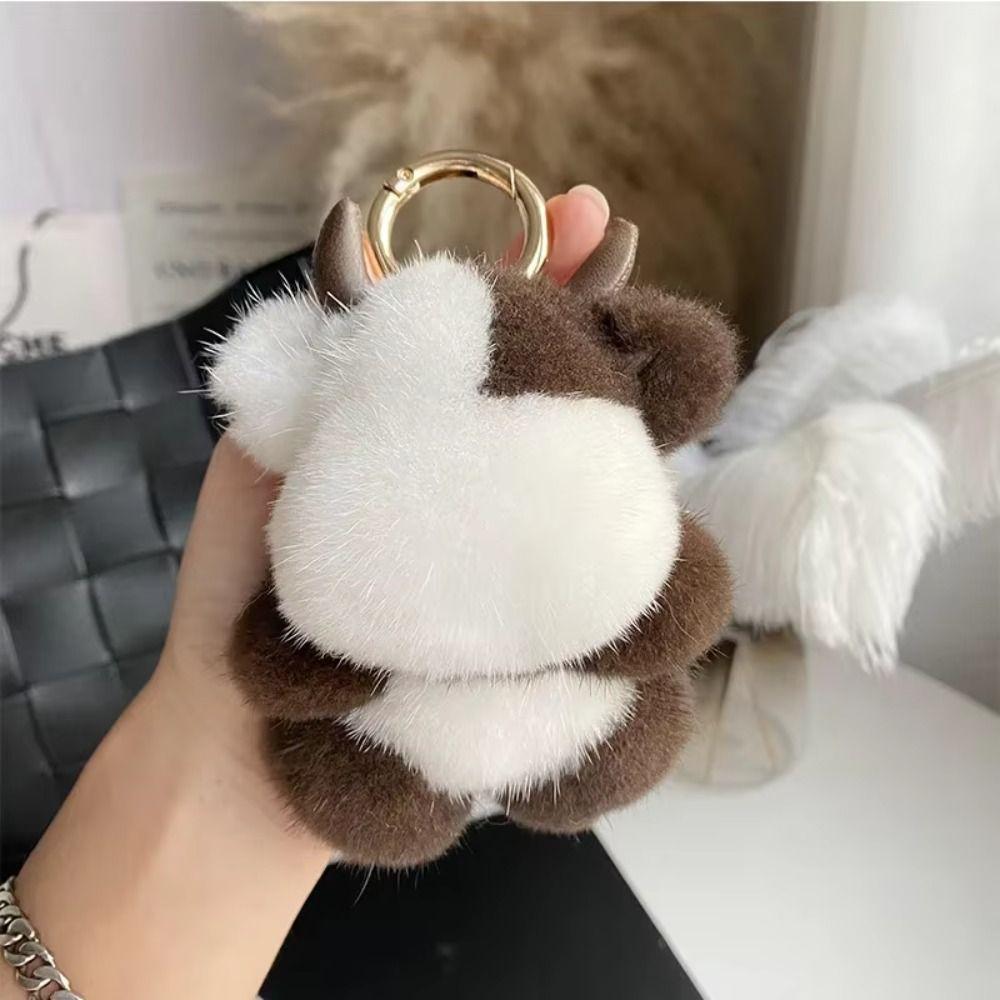 Long Mane Calf Plush Pendant with Horn Cute Animal Keychain Plush Cow Keychain Children