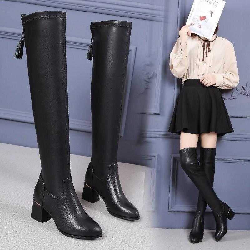 Over-knee Boots Women's 2025 New Fleece Slim High-heeled Boots Over-knee Versatile Fringed Korean Version Boots