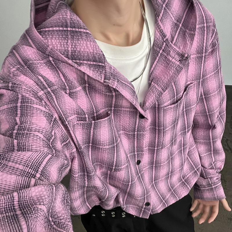 

Men s Plaid Hooded Shirt Oversized Casual Button Down Long Sleeve Black White Checkered Streetwear Shacket Top L рожевий