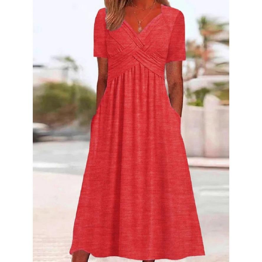 

YYFS женские модные летние весенние однотонные повседневные платья с коротким рукавом и v-образным вырезом со средней талией M арбуз красный