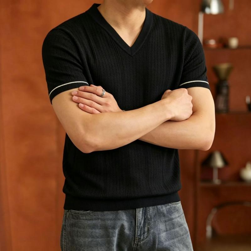 Men S Short Sleeve V Neck Solid Slim Fit Knit Top Summer Casual