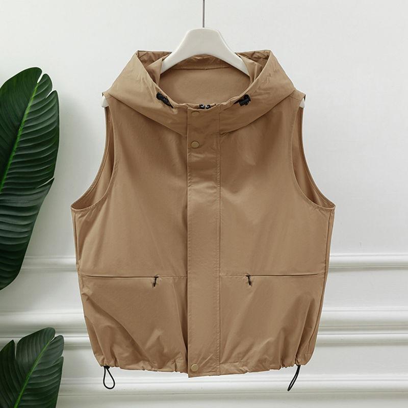 

Women s Hooded Cropped Vest Sleeveless Casual Windbreaker Gilet with Drawstring S хакі