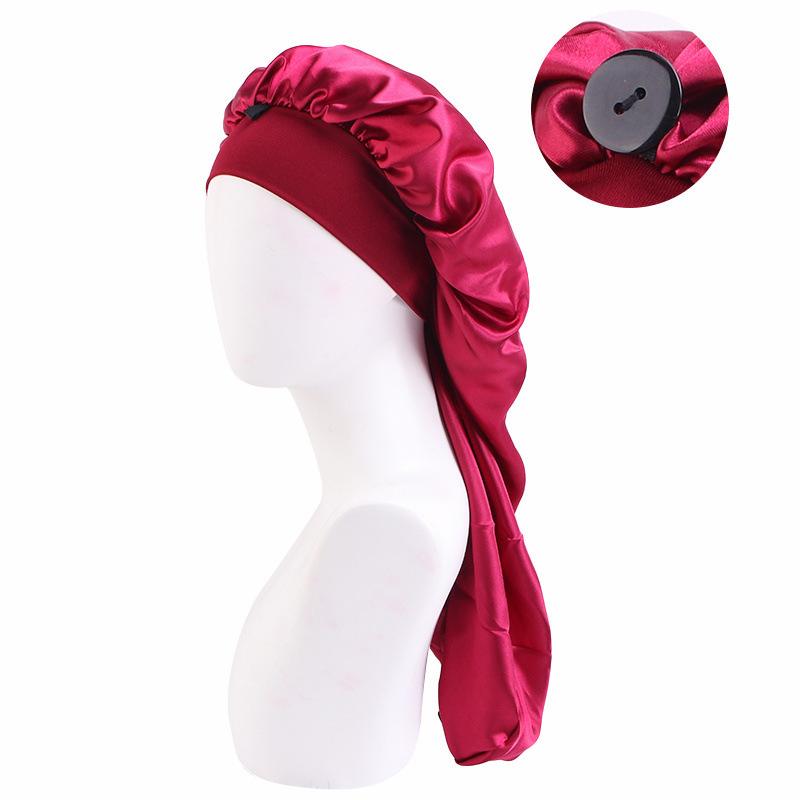 Custom Satin Long Reversible Braid Adjustable Silk Satin Sleeping Bonnet With Button