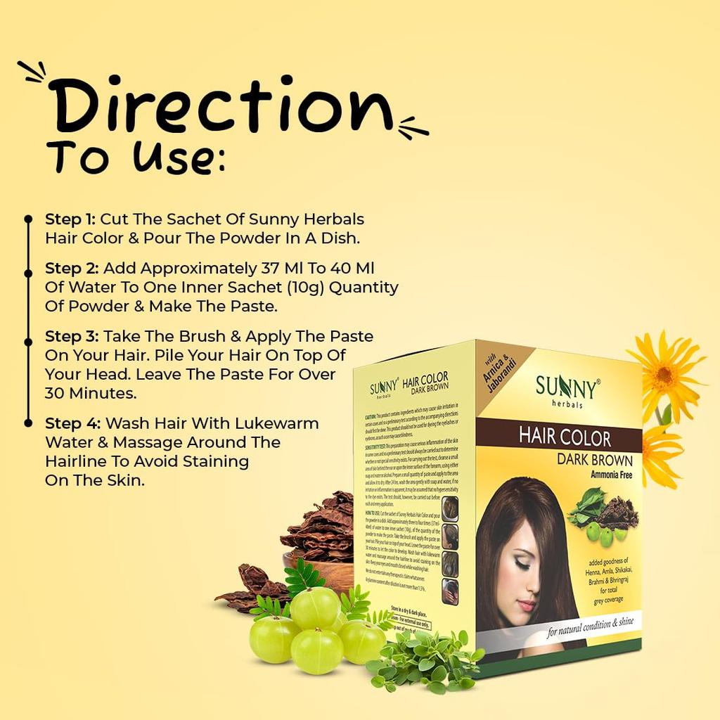 Sunny Herbals Coloração para Cabelos Castanho Escuro 20g X Pacote com 6 | Tonalidade Natural de Longa Duração | Cabelo Macio e Brilhante Unissex