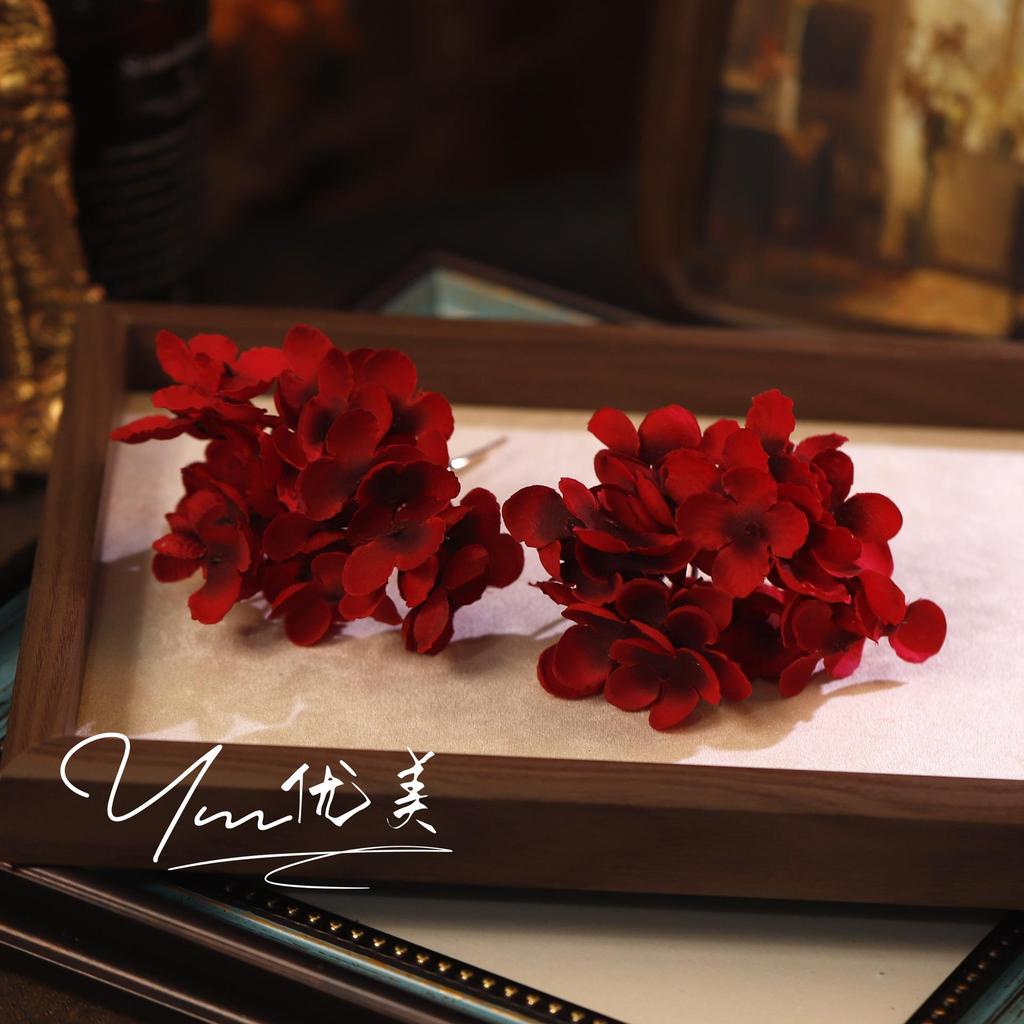 Retro Wine Red Fabric Flower Bridal Hairpin - Classical Chinese Style Headpiece