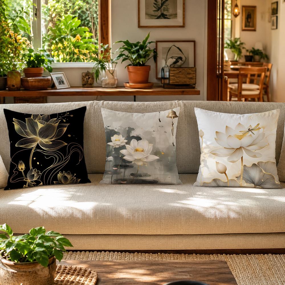Simpl Pretty Golden Lotus Cushion Cover Durable Hypoallergenic Organic Linen Pillow Cover Short Size Washable Skin-Friendly