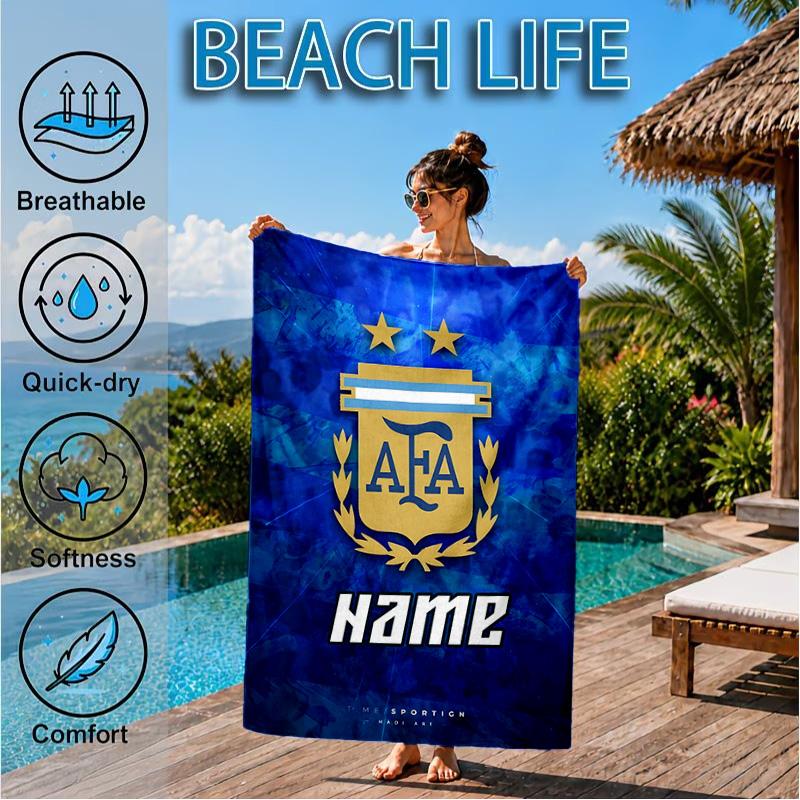 Custom Name Beach Towel Argen-tina Football Crest Microfiber Beach Towel, Lightweight for Summer Travel, Swimming Pool Fan Birthday Gift