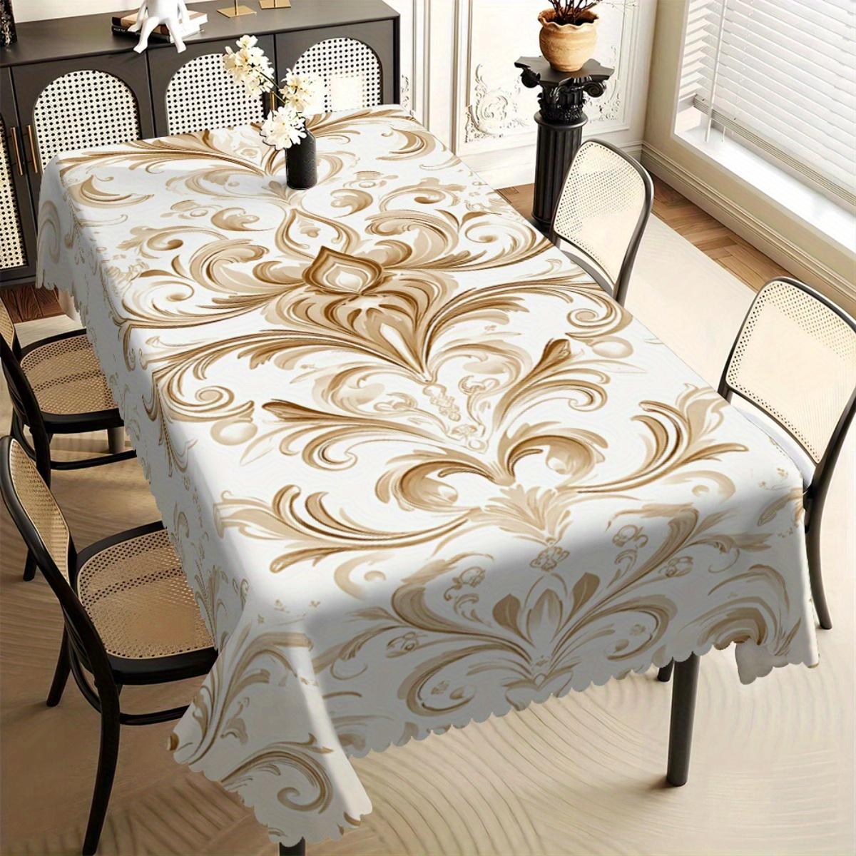 Elegante Damast Bloemen Tafelkleed, Wit met Gouden Spiraalpatroon, Golvende Rand, Vlekbestendig, voor Eetkamer & Formele Decoratie 140x160cm