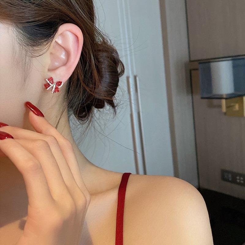 Red Zircon Crystal Bow Stud Earrings for Women Heart Shape Bowknot Earring Girl New Year Festival Jewelry