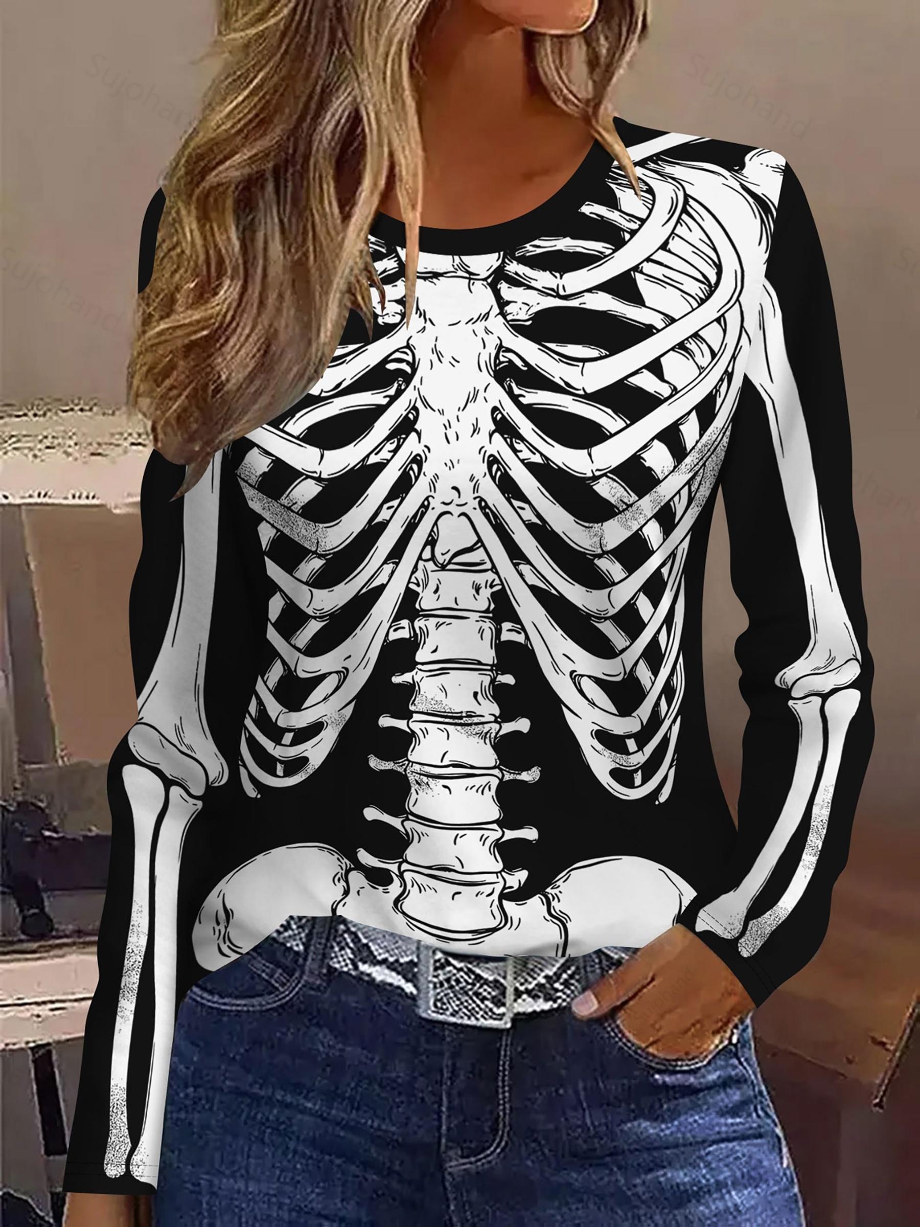 Retro Halloween Punk Gothic Dunkel Einfach Mode Lässig Abstrakt Totenkopfmuster Gedruckt Atmungsaktiv Rundhals Langarm T-Shirt S white