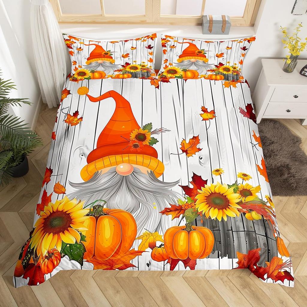 Herbst Kürbis Bettbezug Happy Fall Y'all Bettdeckenbezug für Jungen Mädchen Herbst Ahornblätter Bettwäscheset 3-teilig Bauernhaus Zimmerdeko