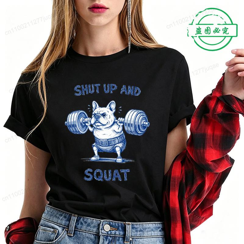 Summer Fashion Women's T-shirt Casual Funny French Bulldog Weightlifting Print T-Shirts O-neck Tops Short Sleeve Shirts Clothing