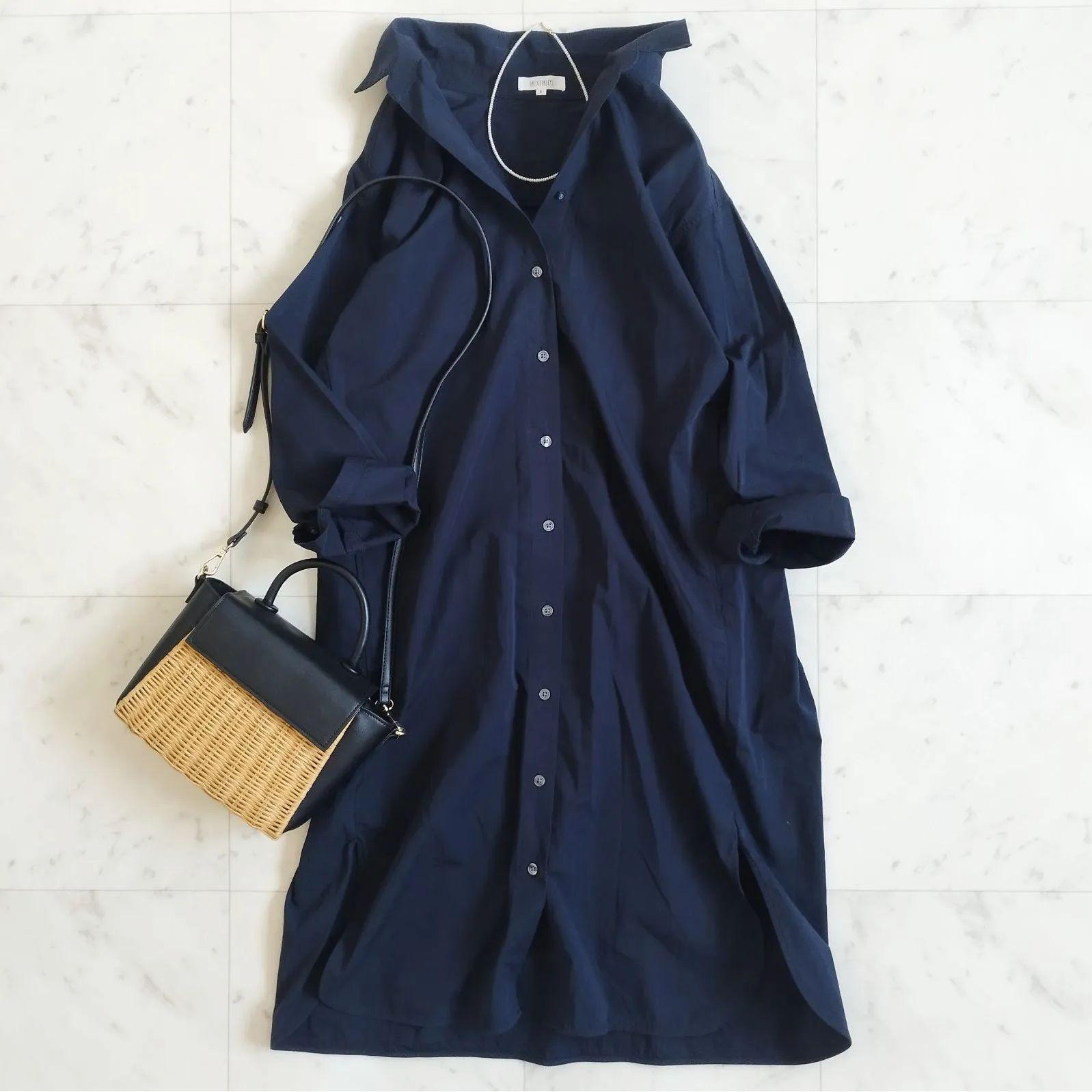 Good Condition [Plaste] Shirt Dress S Size Navy Long Sleeve 100% Cotton