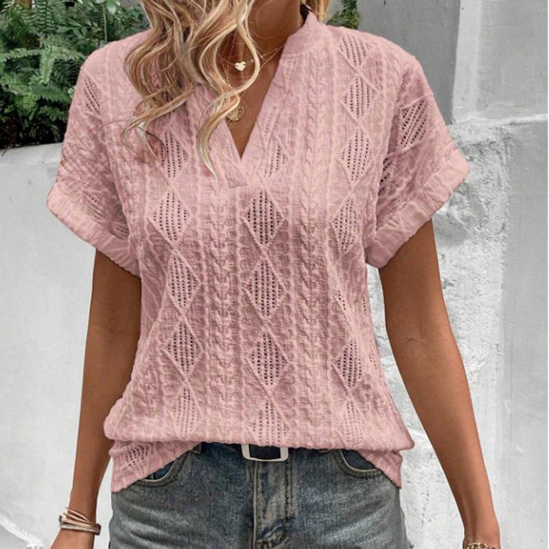 

Женский летний пуловер с короткими рукавами и V-образным вырезом, однотонный, жаккардовый, с ажурной вставкой XXL