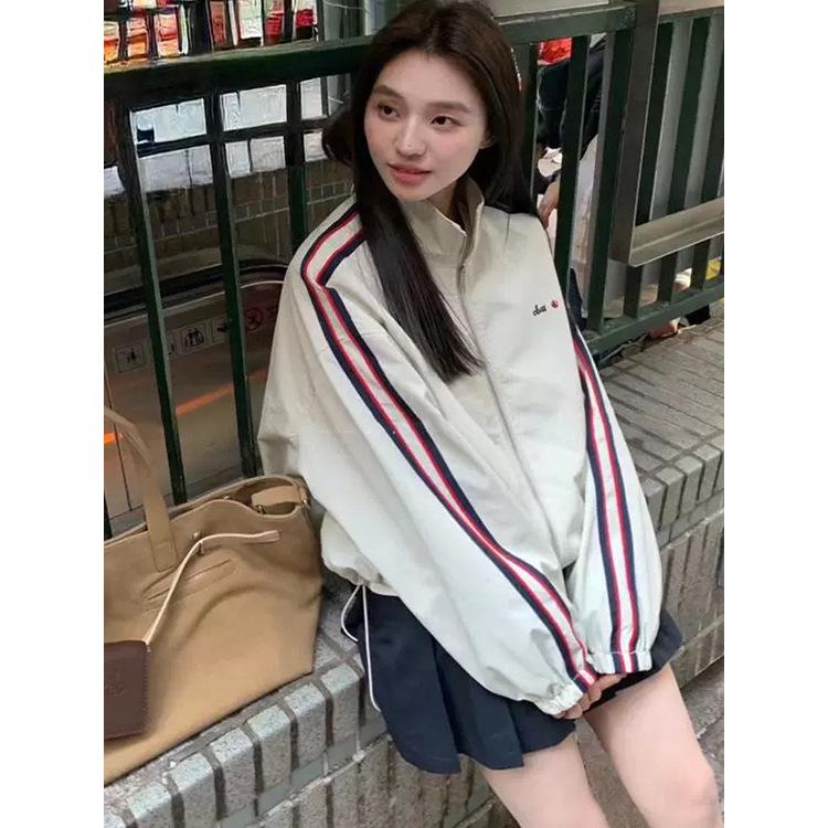 

Women s Sporty Color-Block Striped Jacket - 2025 Spring Korean Fashion L 115-135 cm
