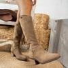 Retro Faux Suede High Heels Boots Women  Autumn Pointed Toe Thick Heeled Cowboy Boots Woman Plus Size Slip On Western Botas