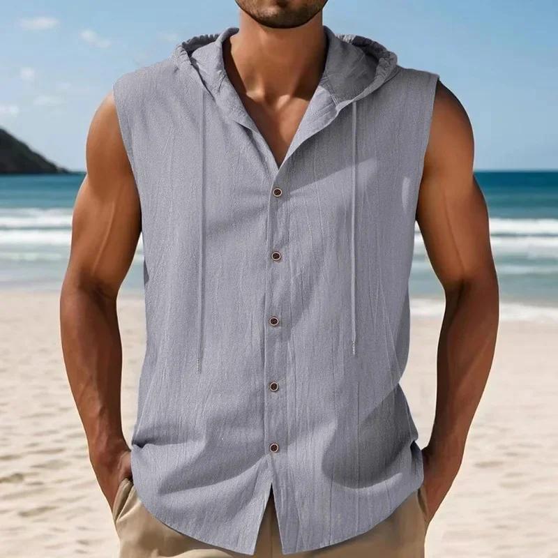 Summer Loose Casual Tank Tops Men American Style Linen Hooded Sleeveless Shirt Hip Hop Trendy Top Comfortable Breathable Vests