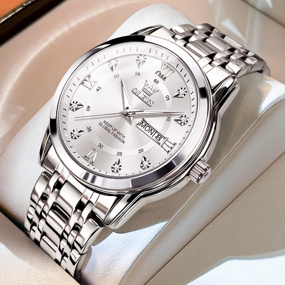 OLEVS Men's Silver Quartz Wristwatch Calendar Waterproof Stainless Steel Stylish