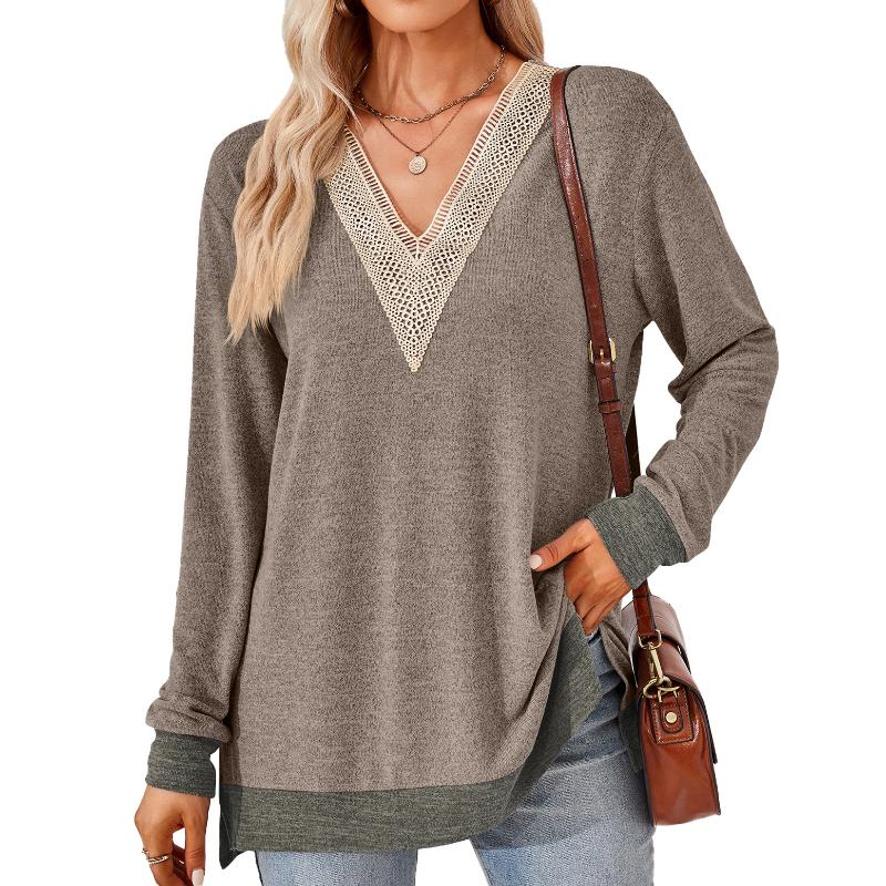 Herbst und Winter Damenbluse mit V-Ausschnitt, Spitze, einfarbig, lockere Langarm-Tops