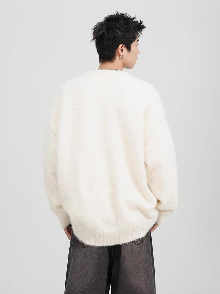 Men's Cartoon Cat Mohair Winter Sweater: American Style Loose Casual Round Neck Knitwear Cardigan