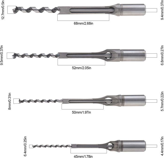 Kit 4 forets carrés mortaiser pour bois 6,4–12,7 mm (tige 19 mm) – AIMOONSA