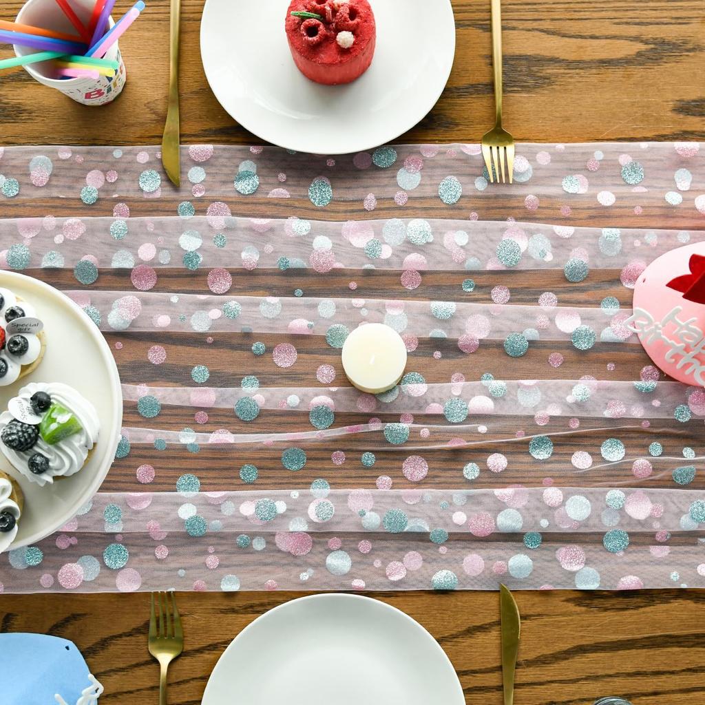 Artoid Mode Blue Polka Dots Pink Gauze Table Runner 120 Inch 10FT, Seasonal Sheer Dining Holiday Wedding Birthday Baby Shower Table Decor for Home