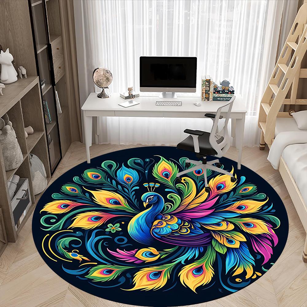 Tapis rond à motif plumes de paon (1 pièce), idéal pour le bureau, la chambre ou le salon. Décoration intérieure disponible en plusieurs tailles.