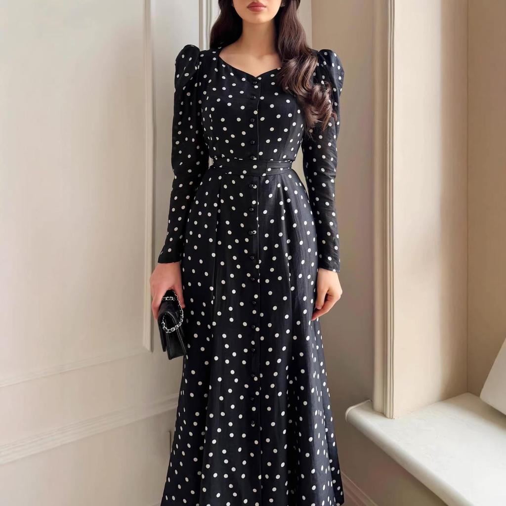 2026 Spring/Summer European and American Slimming V-neck Polka Dot Dress with Long Sleeves