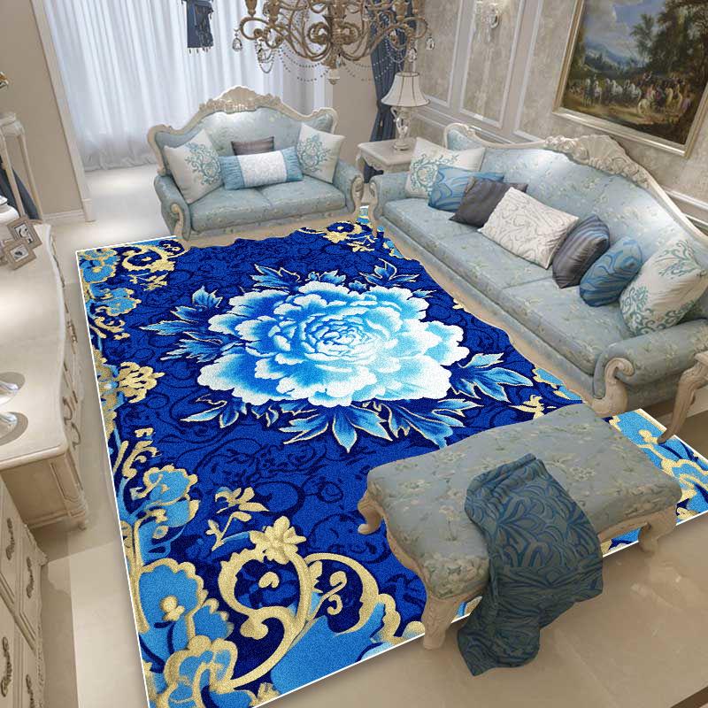 

Синие Цветочные Ковры в Европейском Стиле Украшение Гостиной Большой Ковер для Зоны Дивана Спальня Гардероб Нескользящий Моющийся Напольный Коврик 60*90cm