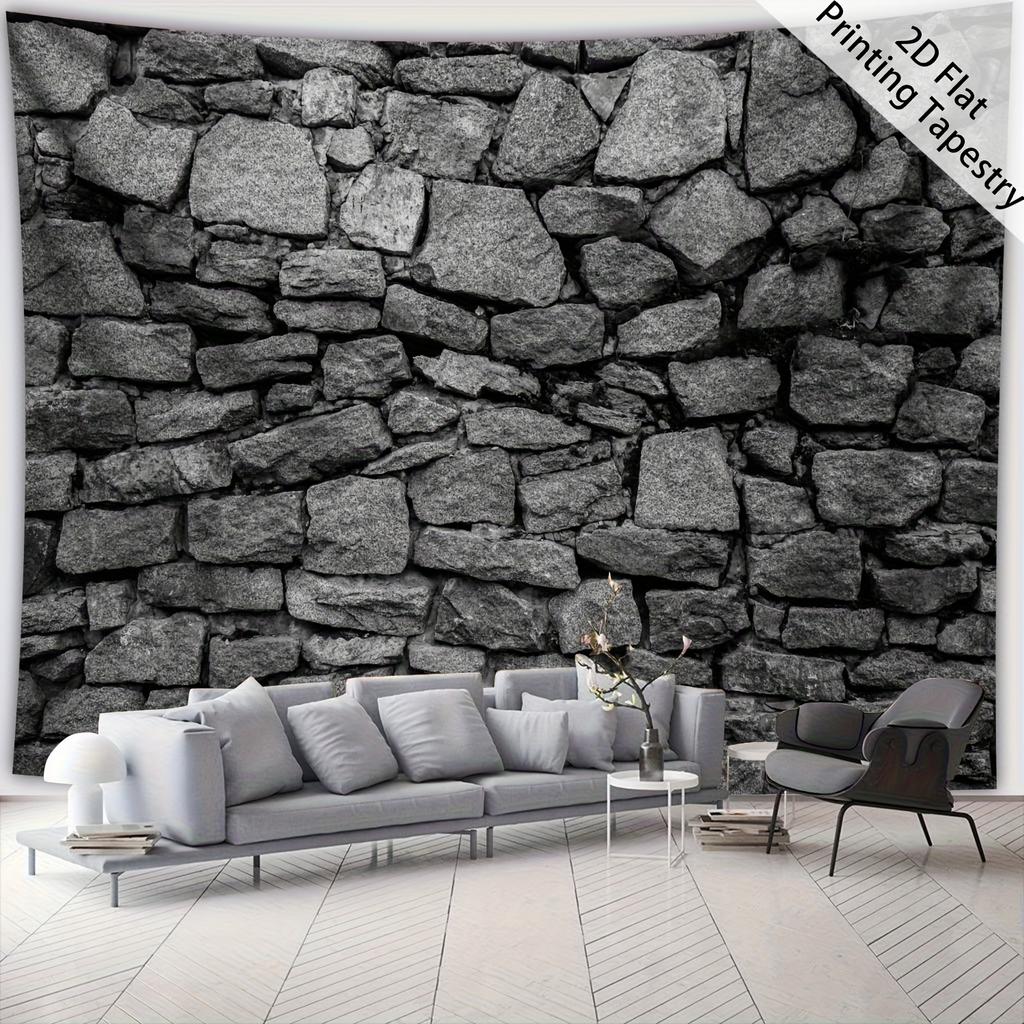 Rustic Stone Tapestry, Weathered Brick Pattern with Natural Gray Tones, Wall Art for Living Room, Minimalist Farmhouse Decor