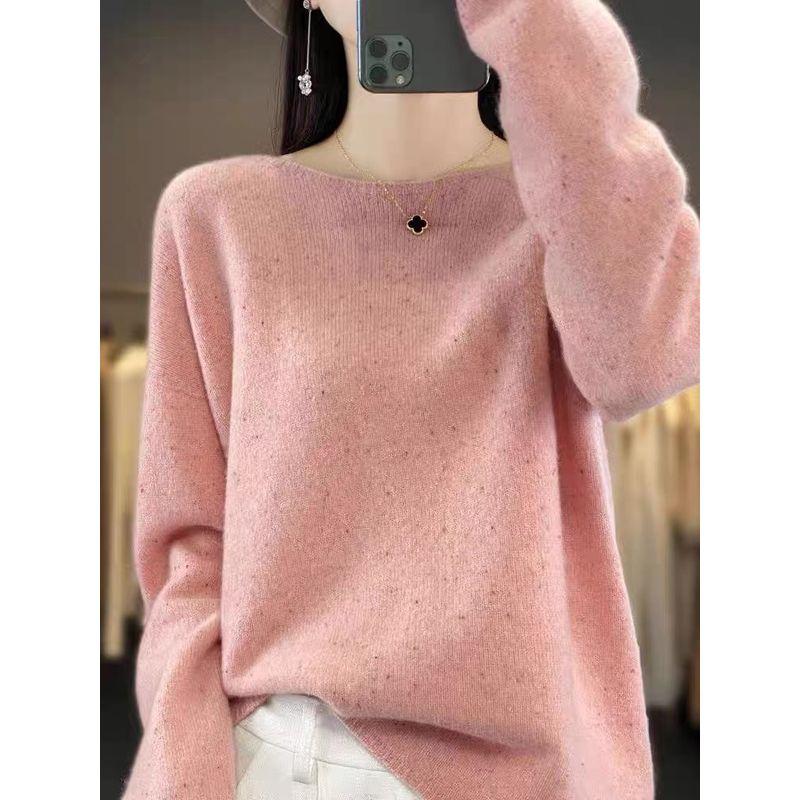 

100% Pure Wool Front Line Ready-Made Garments Colored Dot Yarn round Neck Base Cashmere Sweater off-Shoulder Casual Loose Version Dyzm111 Pink L
