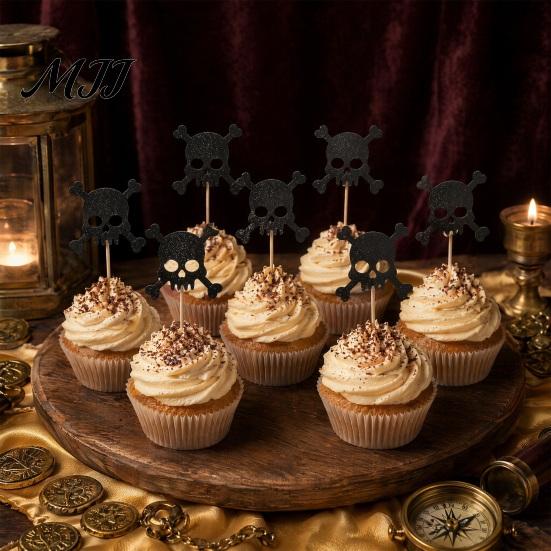Cake Decoration for Halloween 8 Pcs Glitter Cupcake Picks, Spooky Black Skull Cream Safe Topper Toppers, Gothic Birthday Party Supplies