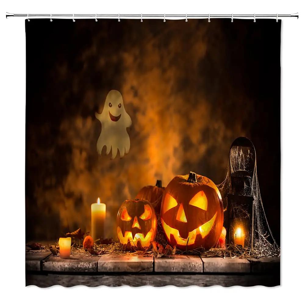 Autumn Fall Shower Curtains Brown with Thanksgiving Harvest Pumpkin Bathroom Curtain for Halloween Party Home Decor with Hooks
