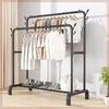 Minimalist Indoor Floor-Standing Coat Rack with Double Pole and Shelf for Bedroom or Balcony