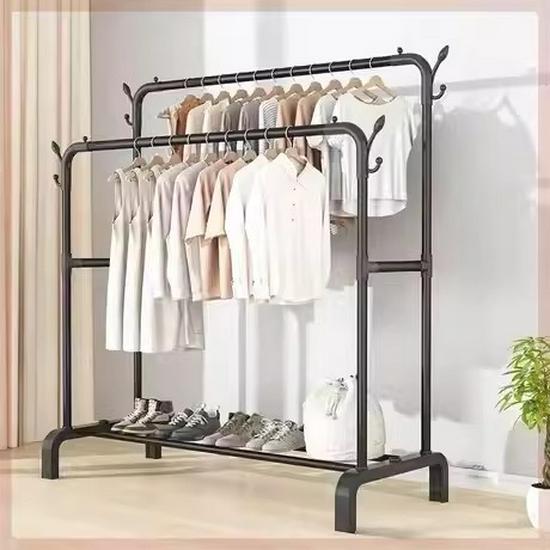 Minimalist Indoor Floor-Standing Coat Rack with Double Pole and Shelf for Bedroom or Balcony