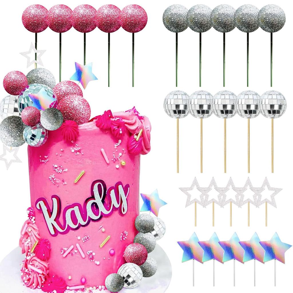 Discokugel Kuchenaufsatz Dancing Queen Kuchenaufsatz Silberne Kuchenkugeln mit Sternen für Partyzubehör mit 70er-Jahre-Thema