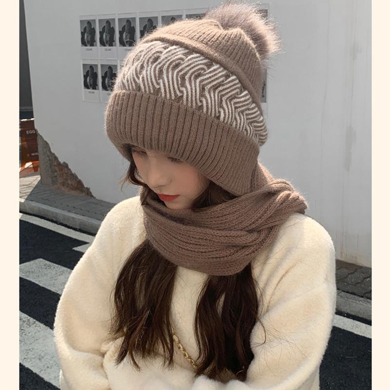 Hooded Scarf Knitted Pom Pom Beanie Hat 