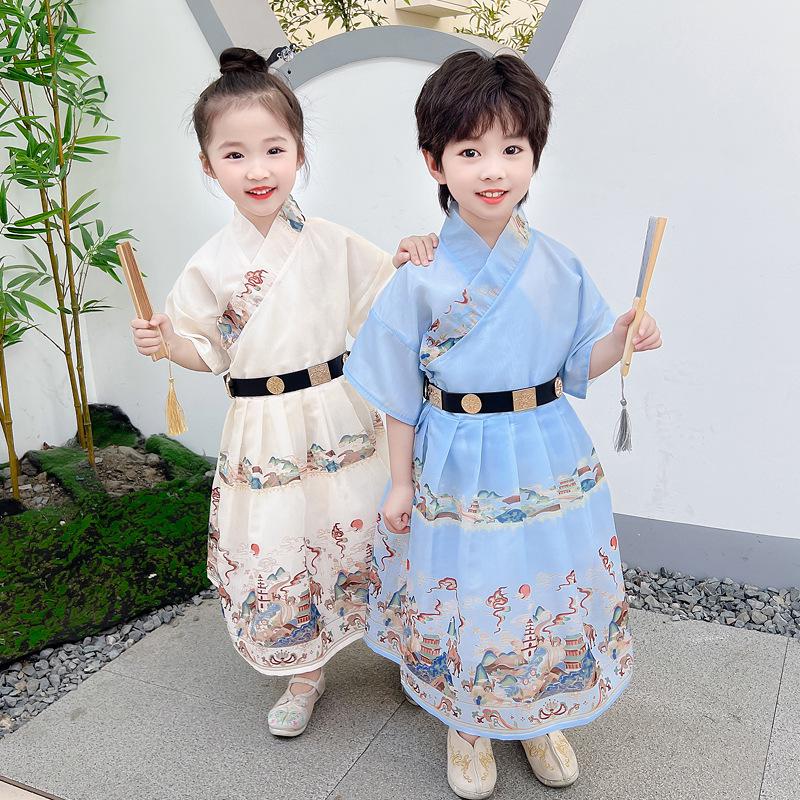 2024 Children's Day Caiyun Zhuiyue Hanfu: Short Sleeve Ancient Style Dress for Boys and Girls