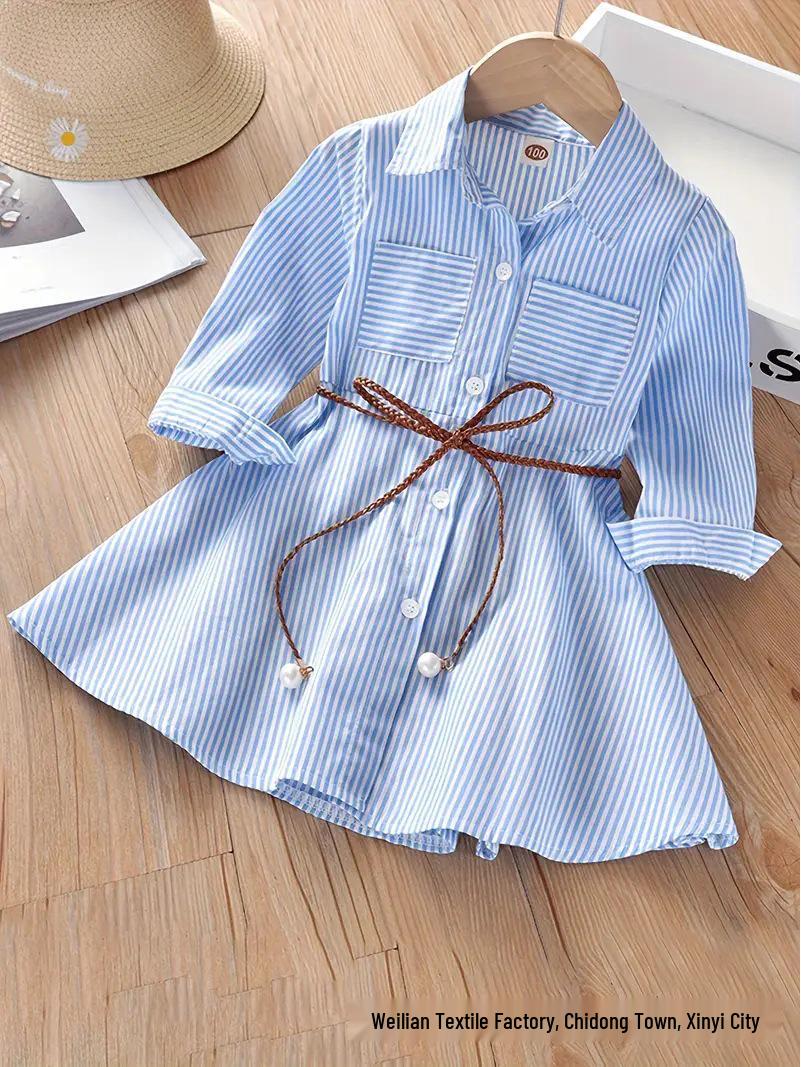 

2025 Girls Striped Dress: Spring Autumn Korean Style Fashion 110cm (4-5 Years)