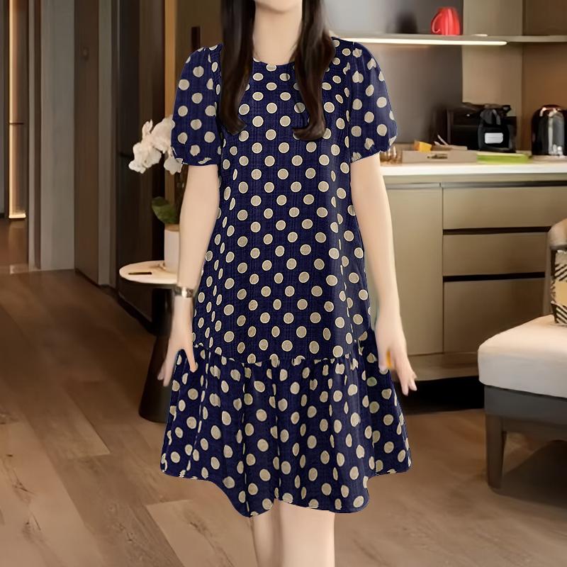 

ZANZEA Женское повседневное платье с круглым вырезом, короткими рукавами и принтом в горошек S темно-синий