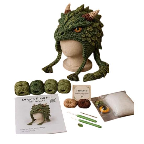 Crochet Starter Kit Fantasy Hood Kit, Cute Animal Hat DIY Dragon Unicorn Creative Gift for Crafters Skull Earflap Craft Adults, Handmade Halloween
