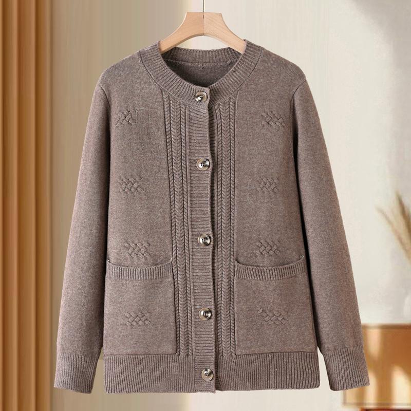 

Большой размер 4XL-7XL Осенний кардиган с длинным рукавом для женщин Свитер Элегантный трикотаж Топы Повседневная одежда для женщин среднего возраста 6XL коричневый