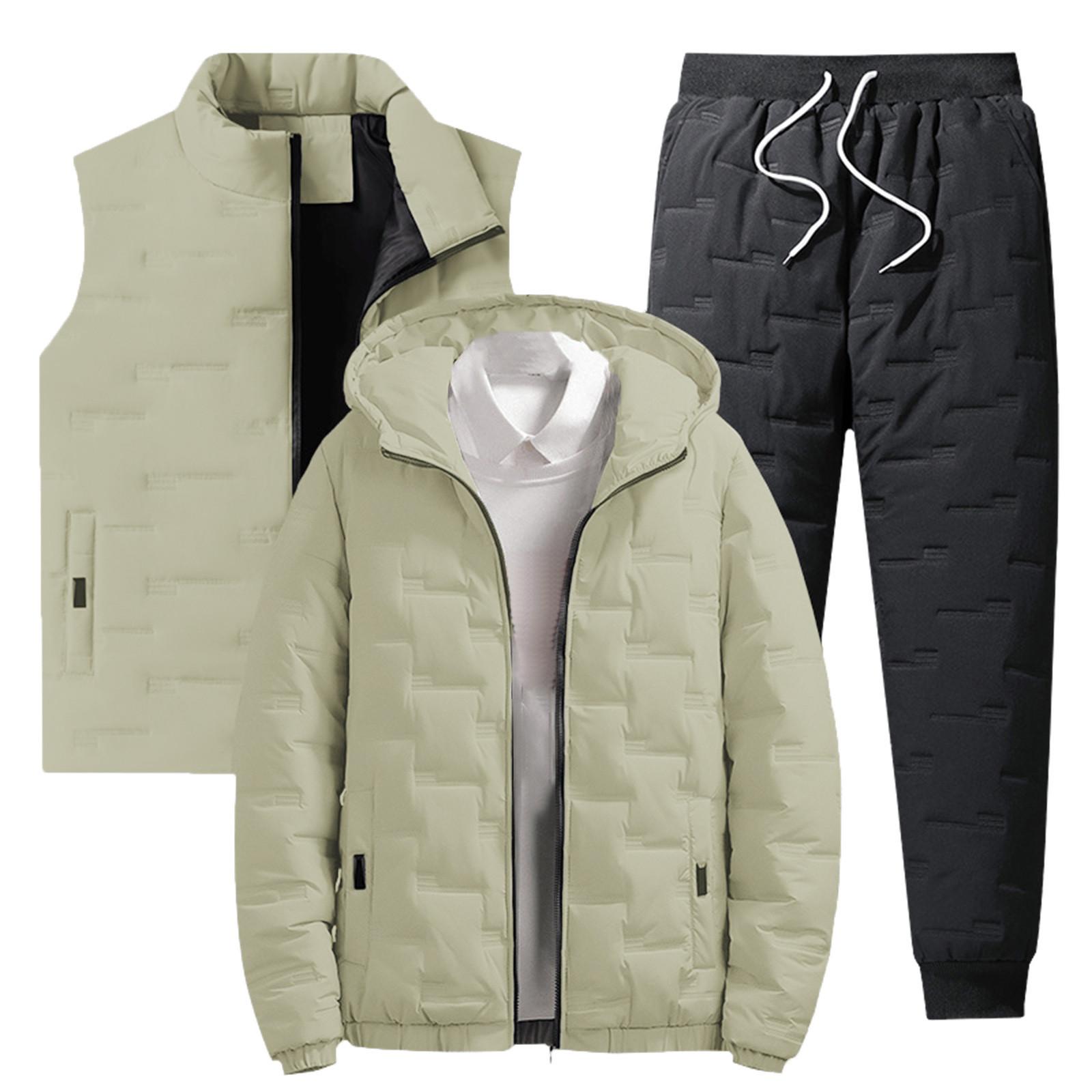 

Теплый Хлопковый Модный Костюм Мужской Набор из Трех Предметов Утепленная Утепленная Куртка Зимняя Куртка Утепленный Жилет и Брюки Повседневная Одежда Hombre XXXXL хаки
