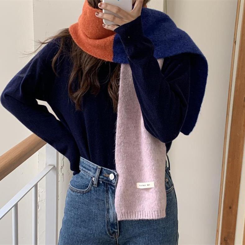 Contrast Color Scarf for Women Autumn and Winter Korean Version Cute Student Warm Knitted Knitted Matching Color Matching Decorative Scarf