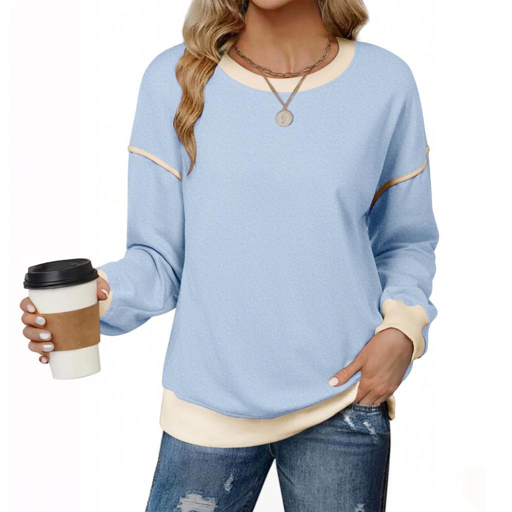 Women's Fashionable Round-Neck Wool Blend Long-Sleeve Color-Blocked Oversized Top