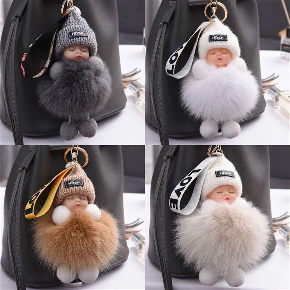 Cars Key Ring Jewelry Gift Sleeping Baby Doll Pompom Keyring Fluffy Plush Doll Plush Keychain
