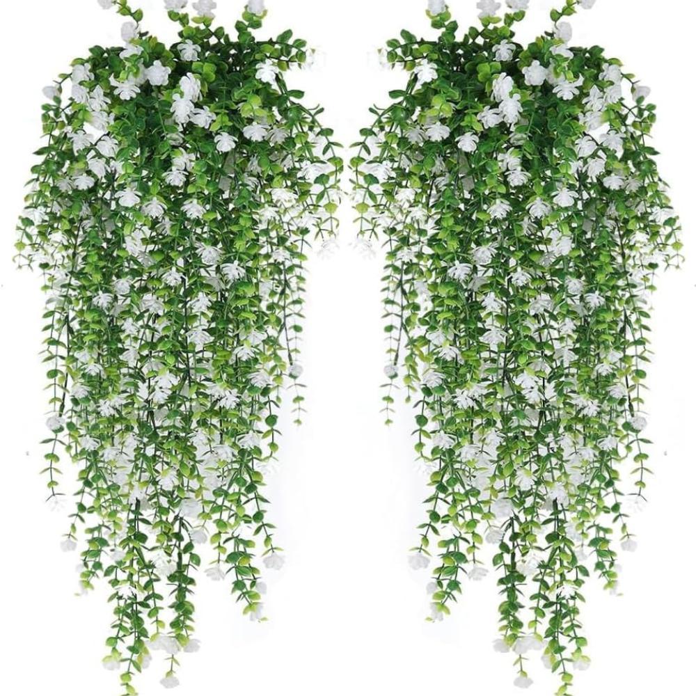 Artificial Hanging Flowers, Fake Eucalyptus Vine Faux Flower Greenery Garland Plastic Plants for Indoor Outdoor Wall Garden Wedding Home Party Decor